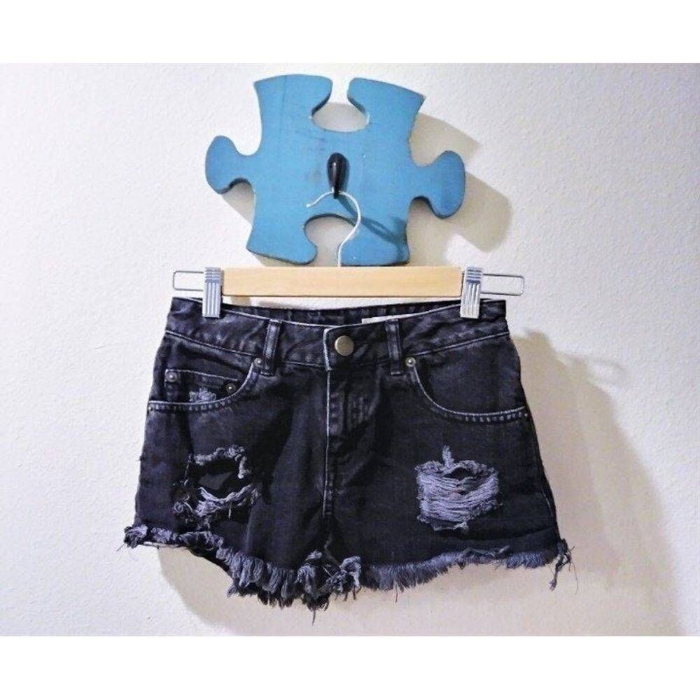 ASOS distressed denim jean black festival shorts 4 UK Waist 26 goth